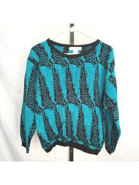 Jamie Scott Women's Sweater Size L Black and Turquoise Patterned Acrylic